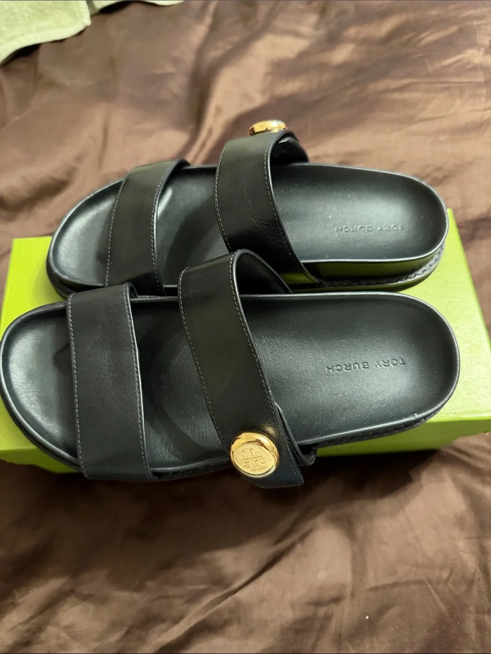 Tory Burch Black Double-Strap women’s Slide Sandals with Gold Button Accent
